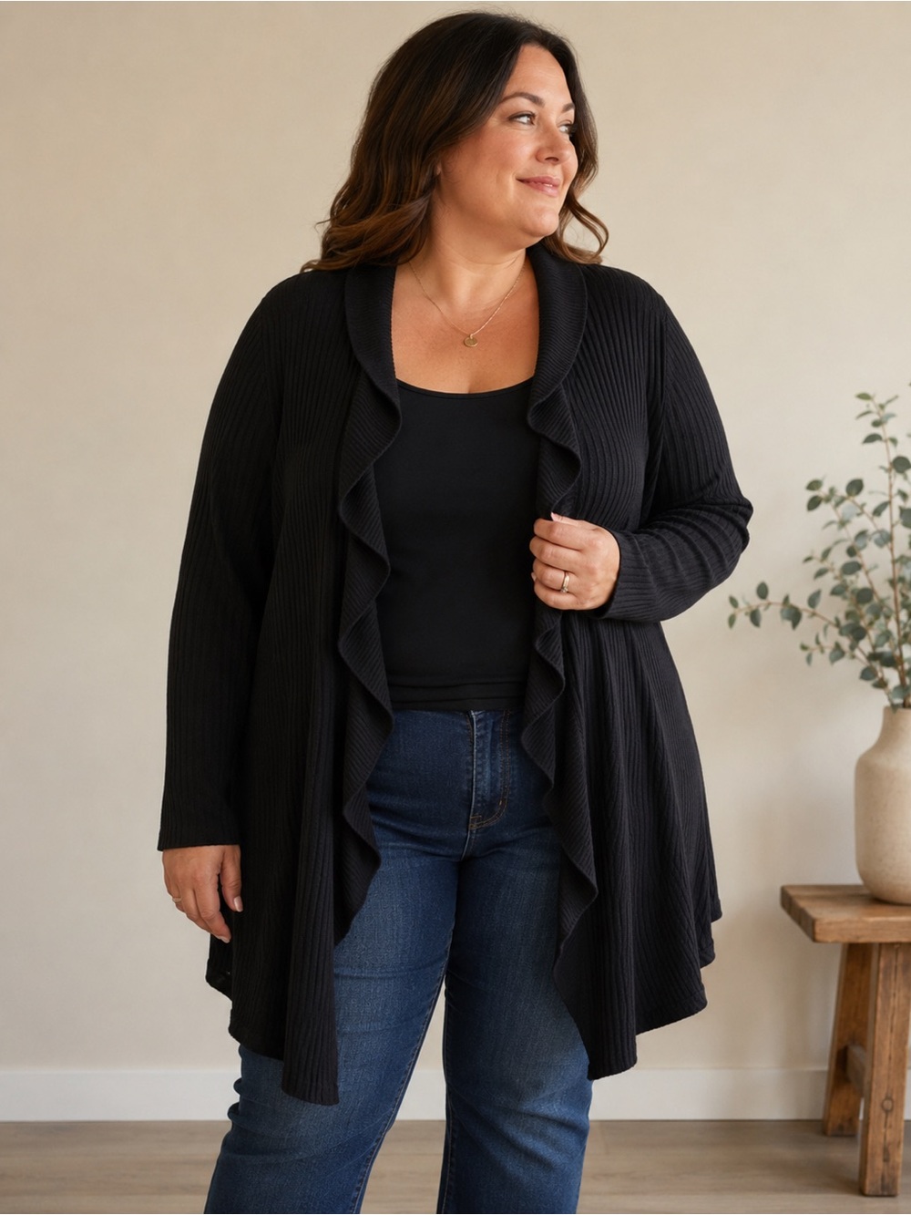 Black Ruffle Open-Front Women's Sweater Cardigan